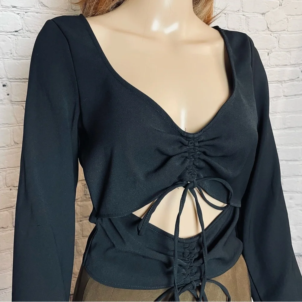 New Zara Black Ruched Cut-out Top Blouse Size S